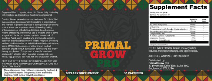 Primal Grow Ingredients Label