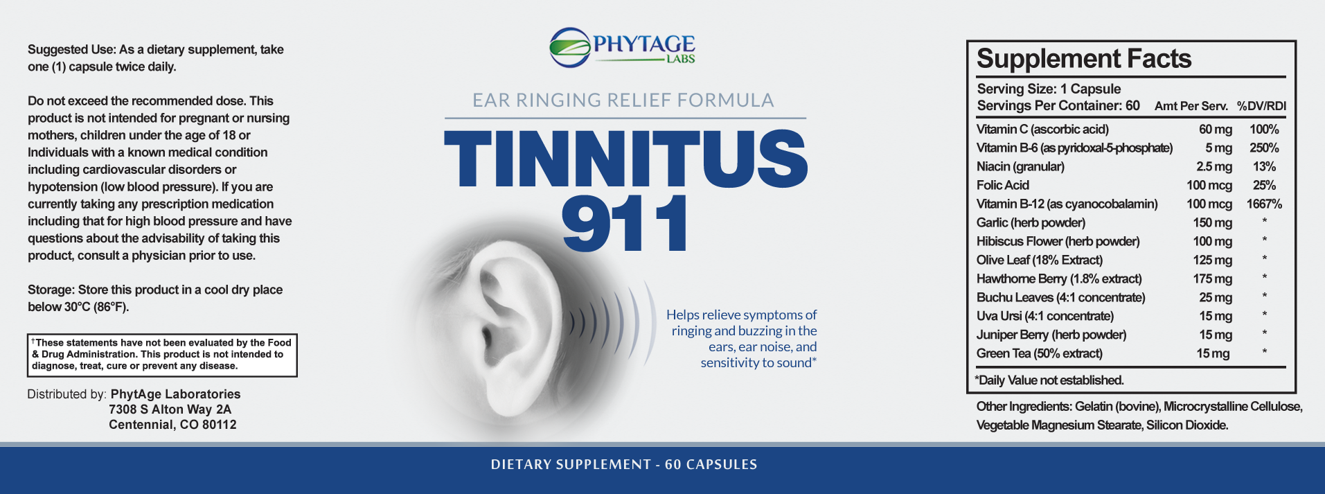 Tinnitus 911 Ingredients Label