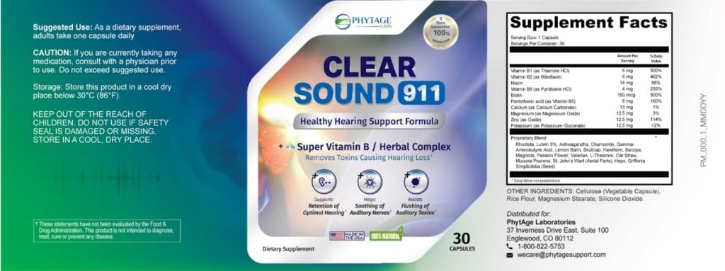 Clear Sound 911 Ingredients Label