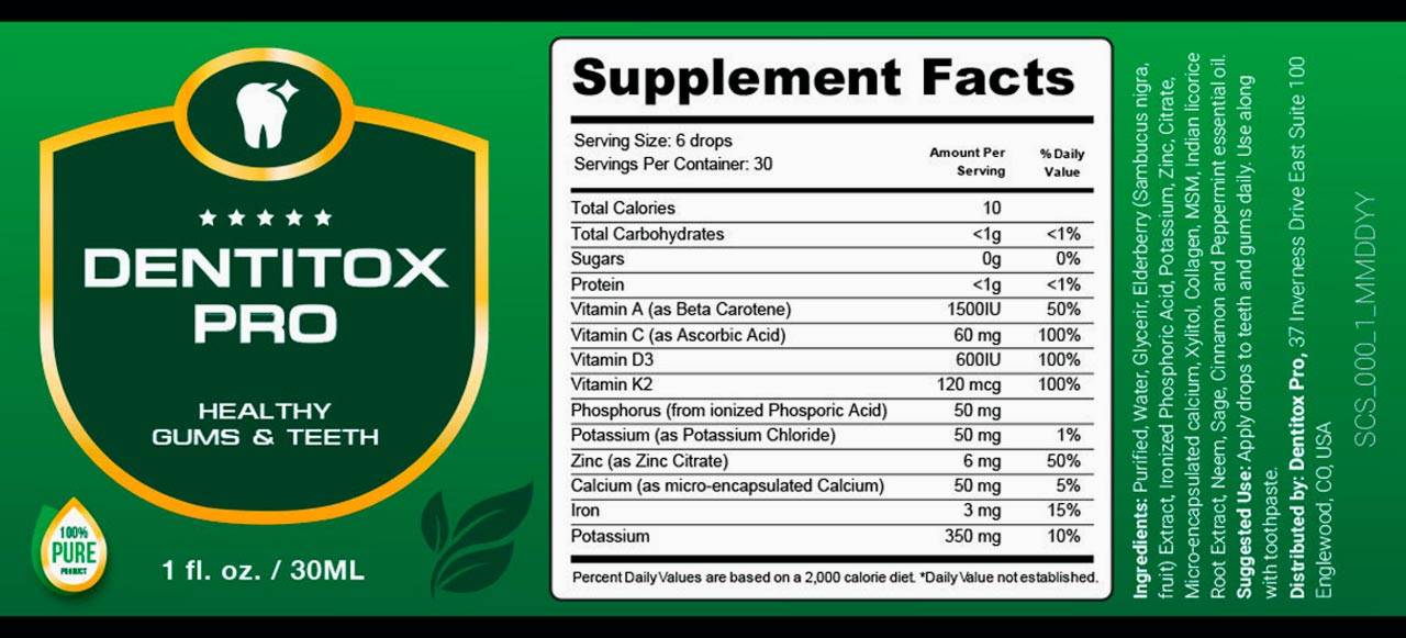 Dentitox Pro Ingredients Label