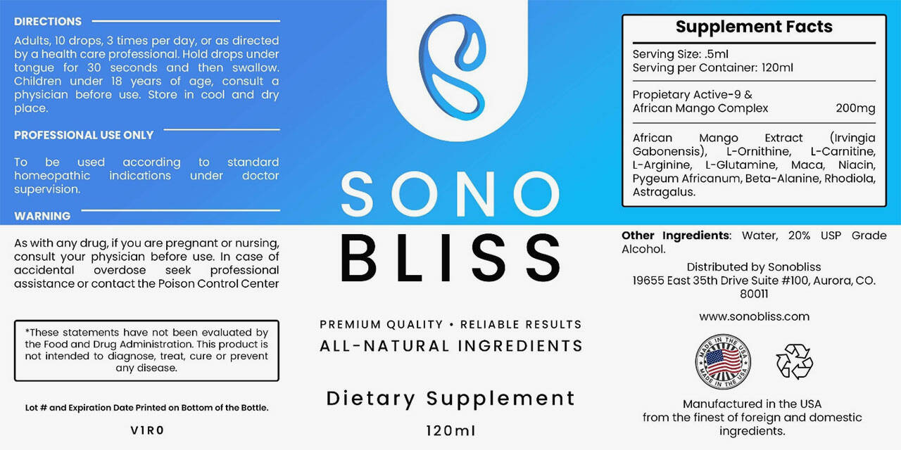 SonoBliss Ingredients Label